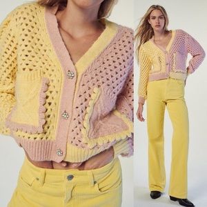ZARA pink and yellow knit cropped cardigan with flower buttons